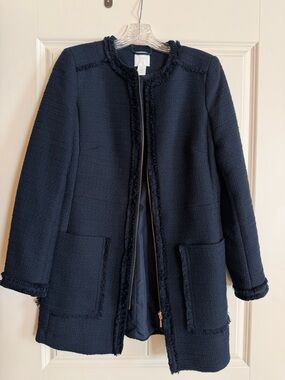 H&M Navy Bouclé Zip-Front Collarless Jacket